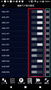 通貨ペアの選択と並べ替え