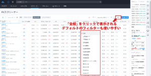 スクリーナーのデフォルトで設定されている各種フィルター条件